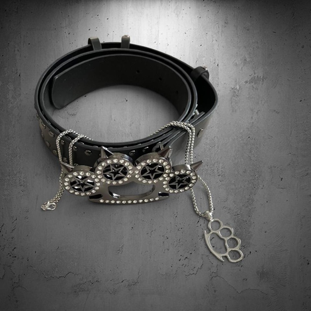 Spiked Tiger Paw Star Studded Belt & Steel Knuckles Necklace Set